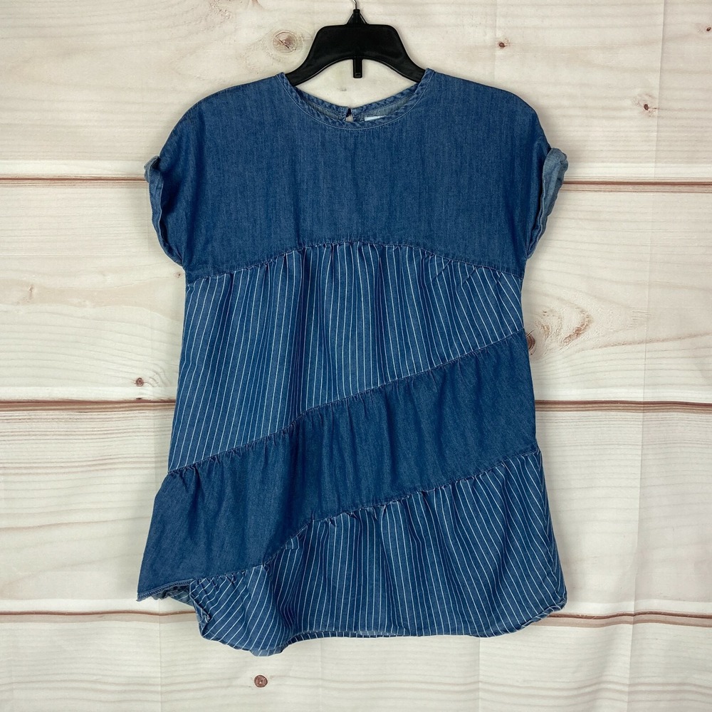 BCBGirls Dress Girls 7 Blue Chambray Short Sleeve A-Line Stripe Solid Crew Neck